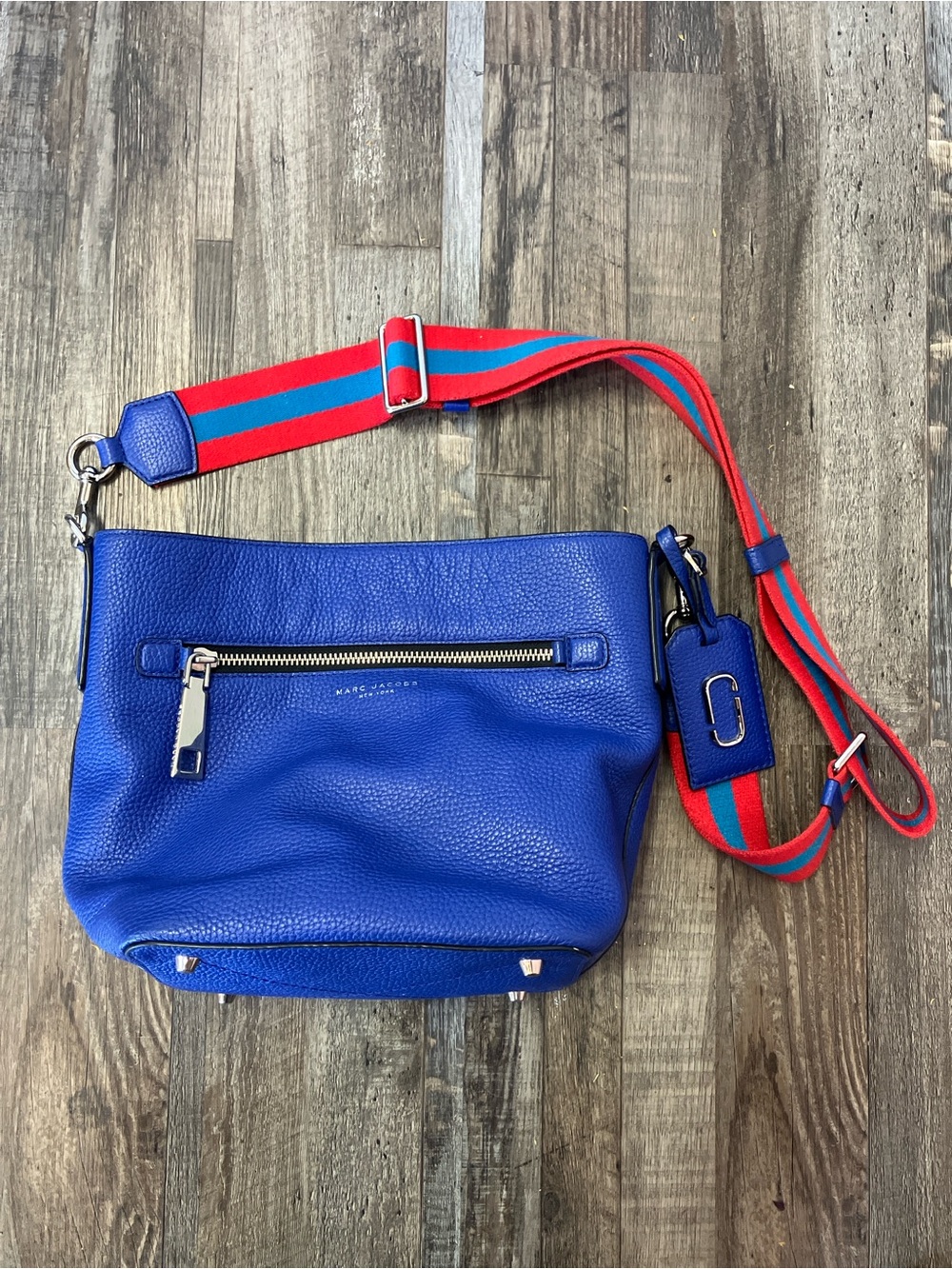 Marc Jacobs Purse Cobalt Blue Gotham Leather Crossbody Bag with Red & Teal Strap